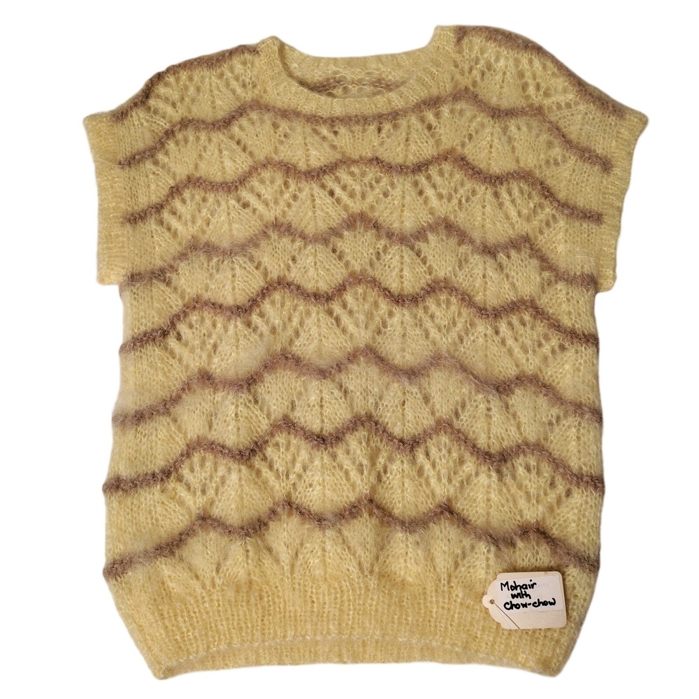 Handmade Mohair Chow-Chow Fur Knit Sweater Vest Yellow Brown Chevron Wave